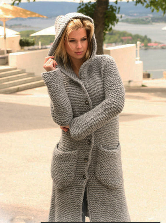 Womens Hand Knit Wool Coat with hood.29F - KnitWearMasters