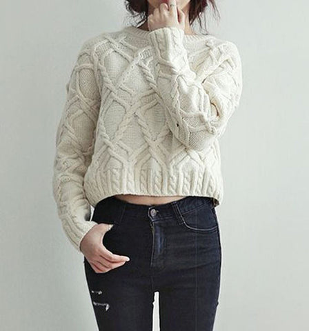Womens Cable Knit Crew Neck Sweater 15G - KnitWearMasters